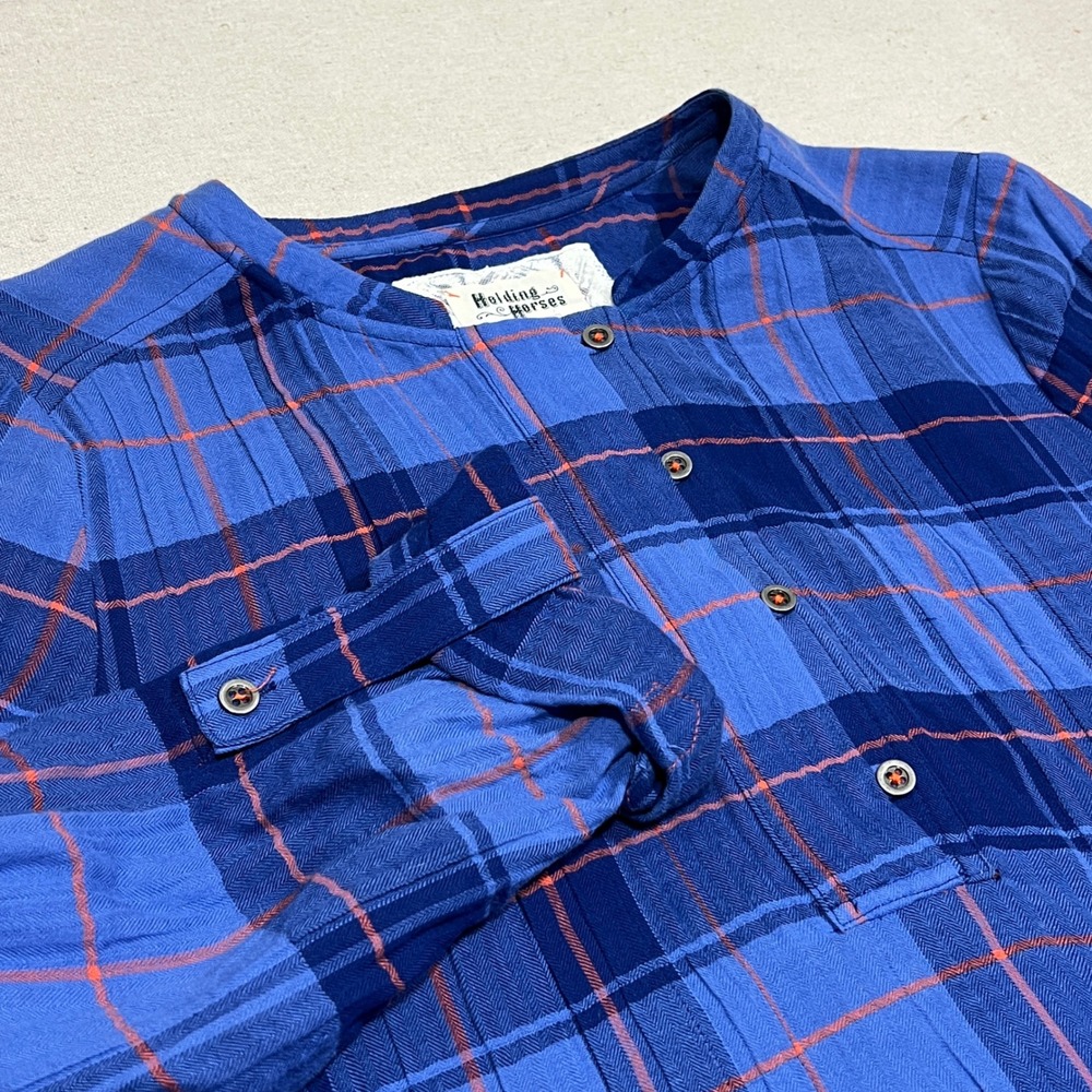 Holding Horses Anthropologie Blue Orange Plaid Halfpenny Tunic Shirt Women XS